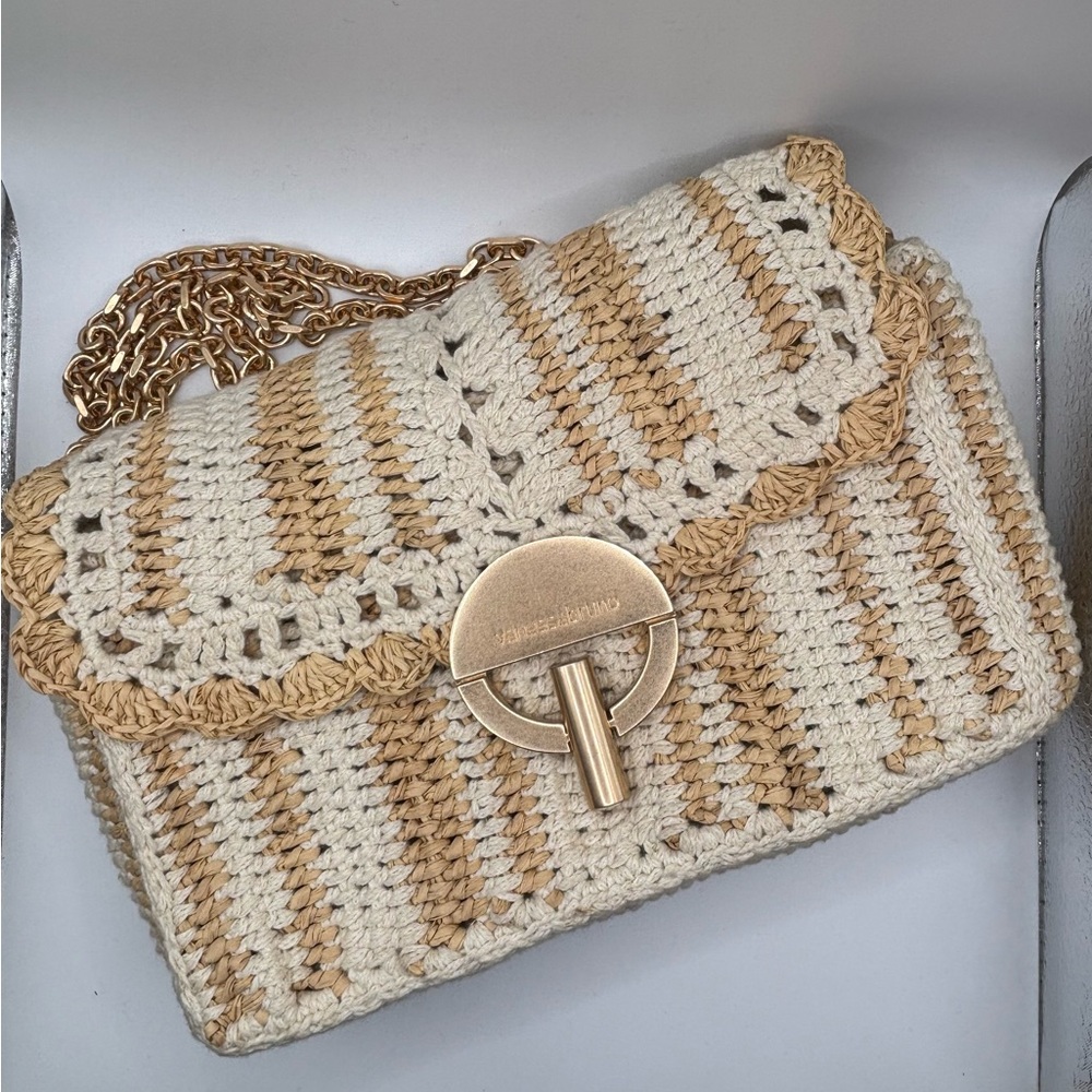 Vanessa Bruno Beige and Off-White Crochet Crossbody Bag with Gold Chain